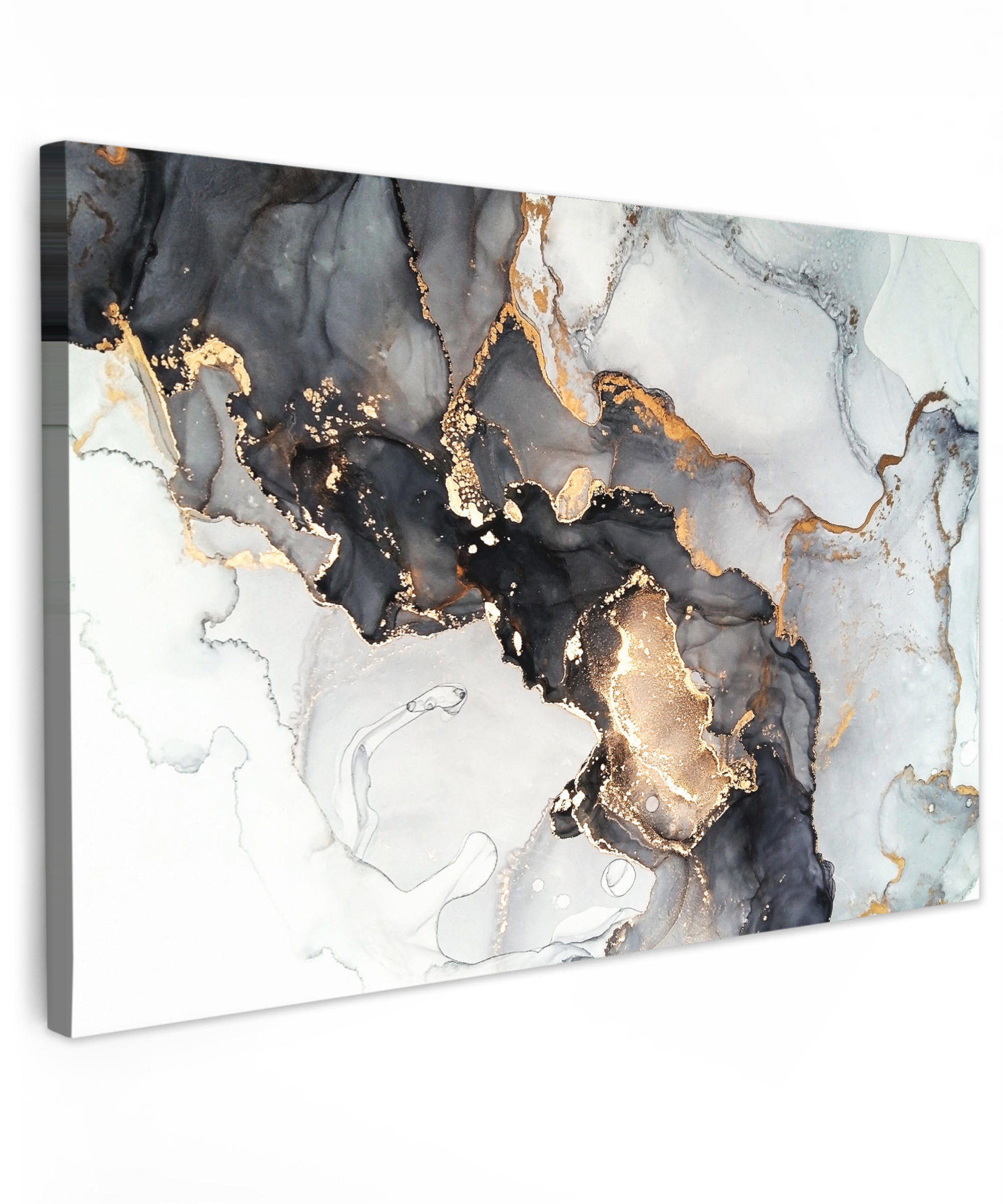 LEINWANDBILD Marmor - Schwarz - Weiß - Gold - Luxus - Abstrakt Wohnzimmer Groß 120x80 cm - Goldfarben, Textil (120/80cm) - MuchoWow