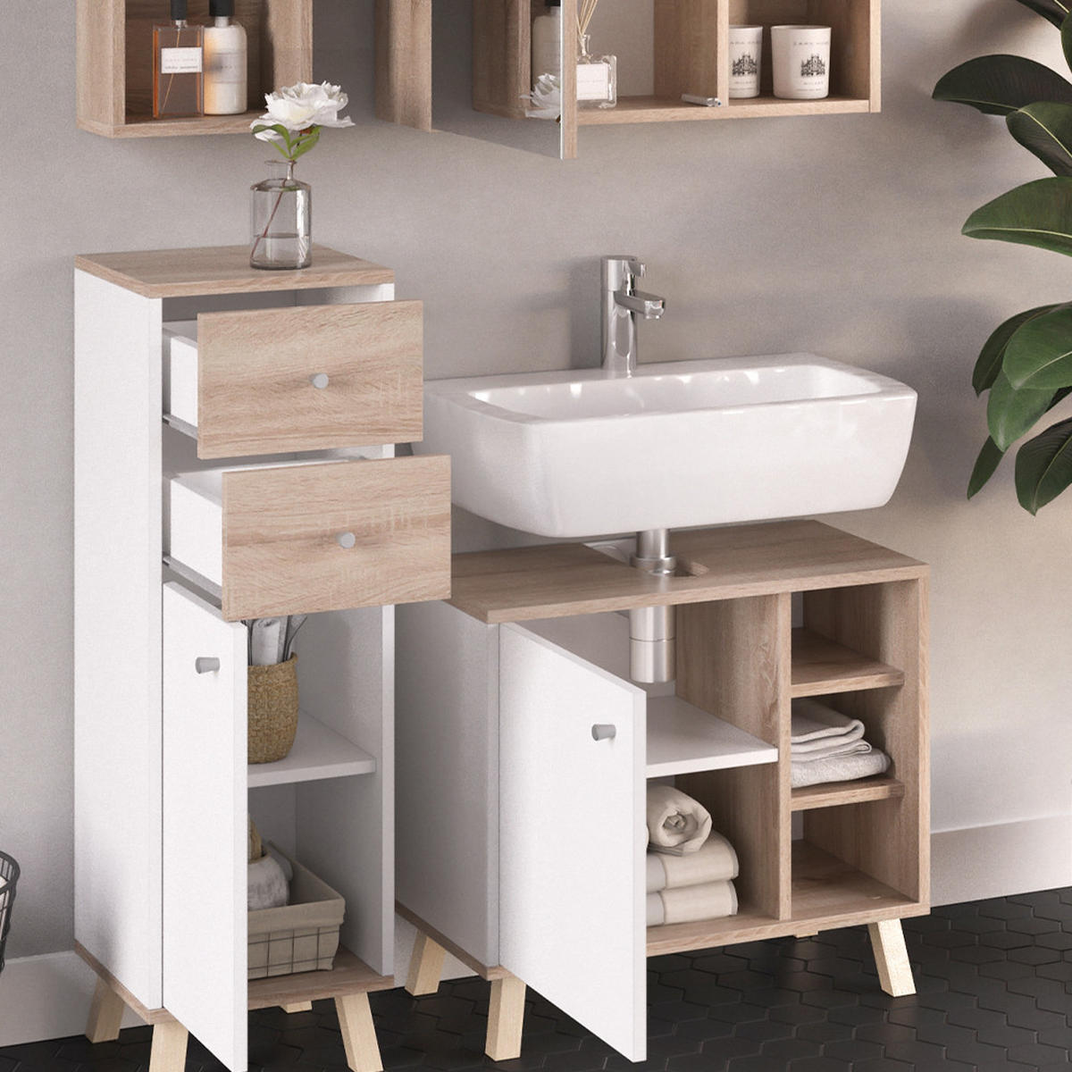 BADMÖBEL-SET Senyo Weiß 4 Teile - Weiß/Sonoma Eiche, Holzwerkstoff (62/54/32cm) - Vicco
