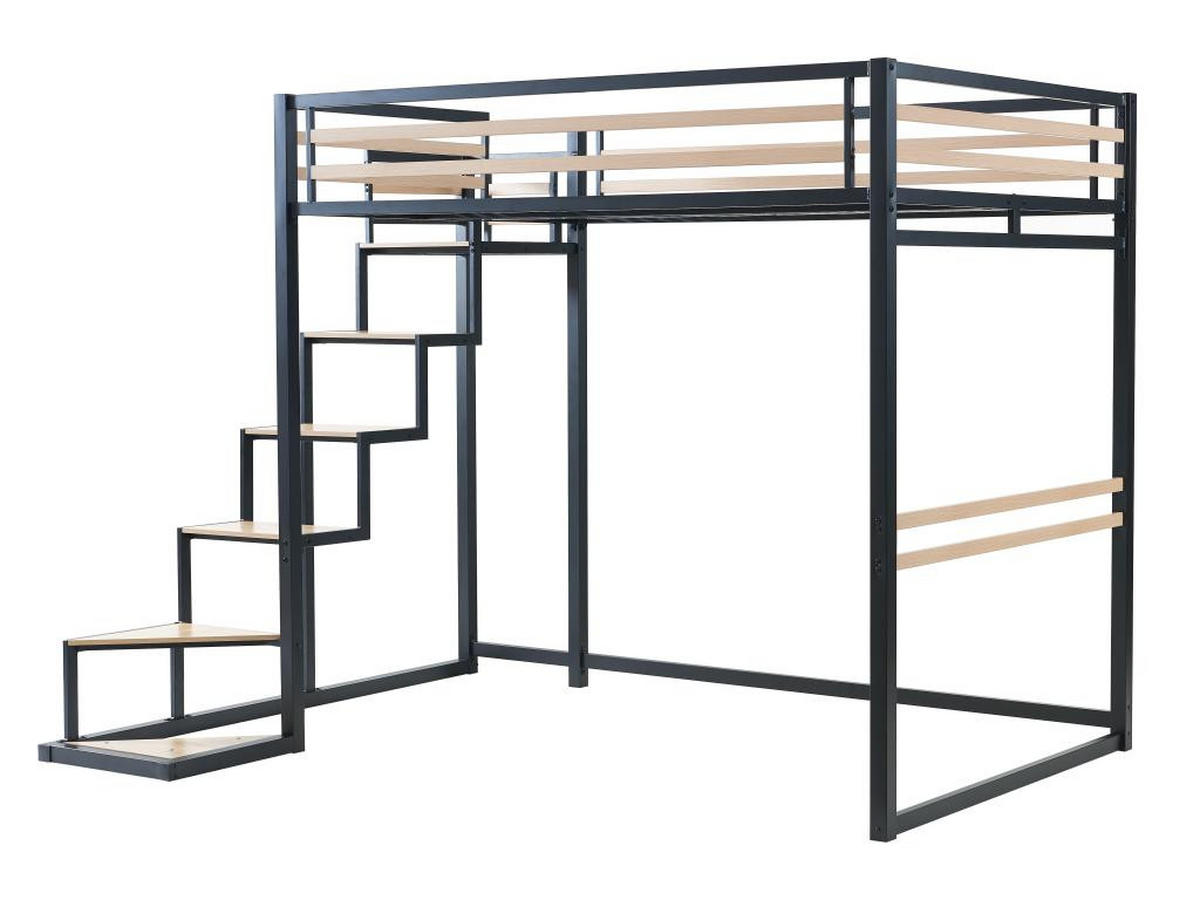HOCHBETT mit Matratze - 140 x 200 cm - Metall & MDF - Naturfarben & Schwarz - JOGUI - Schwarz/Naturfarben, Metall - Vente-Unique