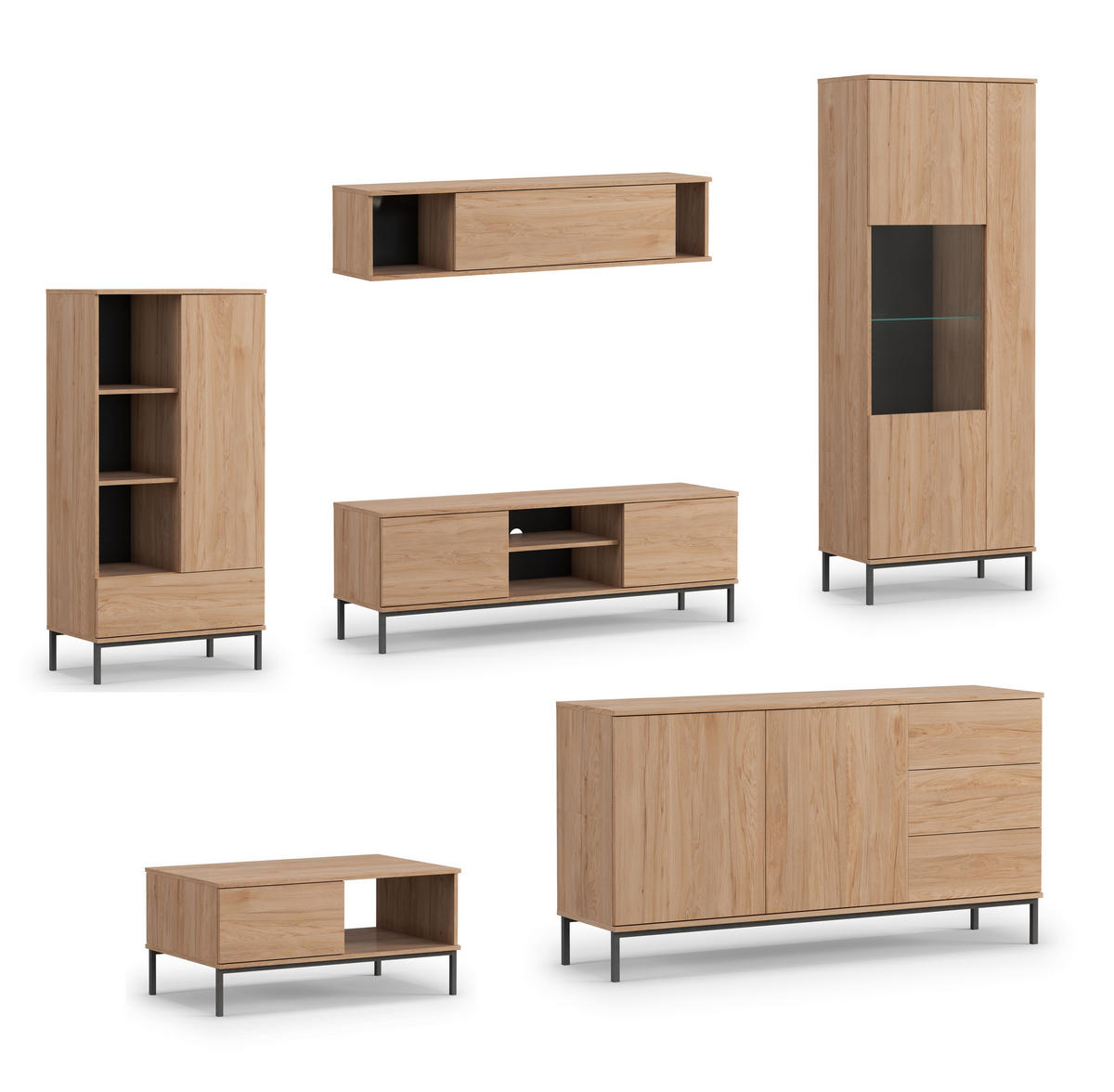 WOHNWAND Queba 2 Hikora 440/190/60 cm Stilvolles Design Modern - Hellbraun, Holzwerkstoff/Kunststoff (440/190/60cm) - AX Living