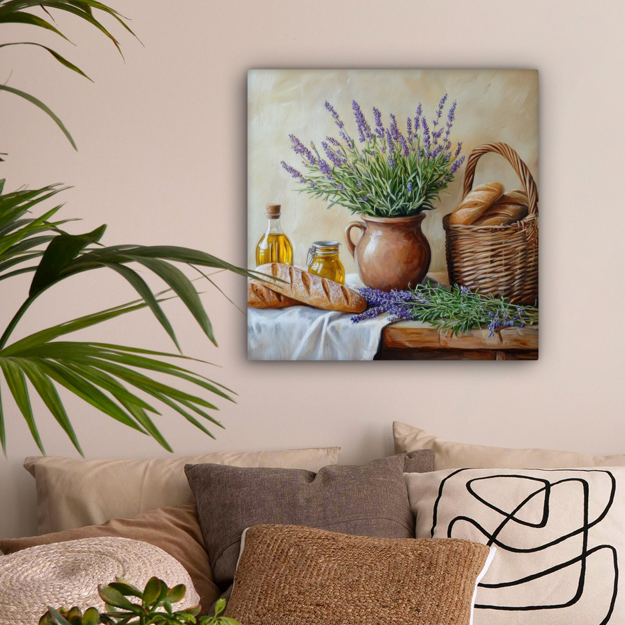 LEINWANDBILD Lavendel - Brot - Stilleben 50x50 cm - Flieder, Textil (50/50cm) - MuchoWow