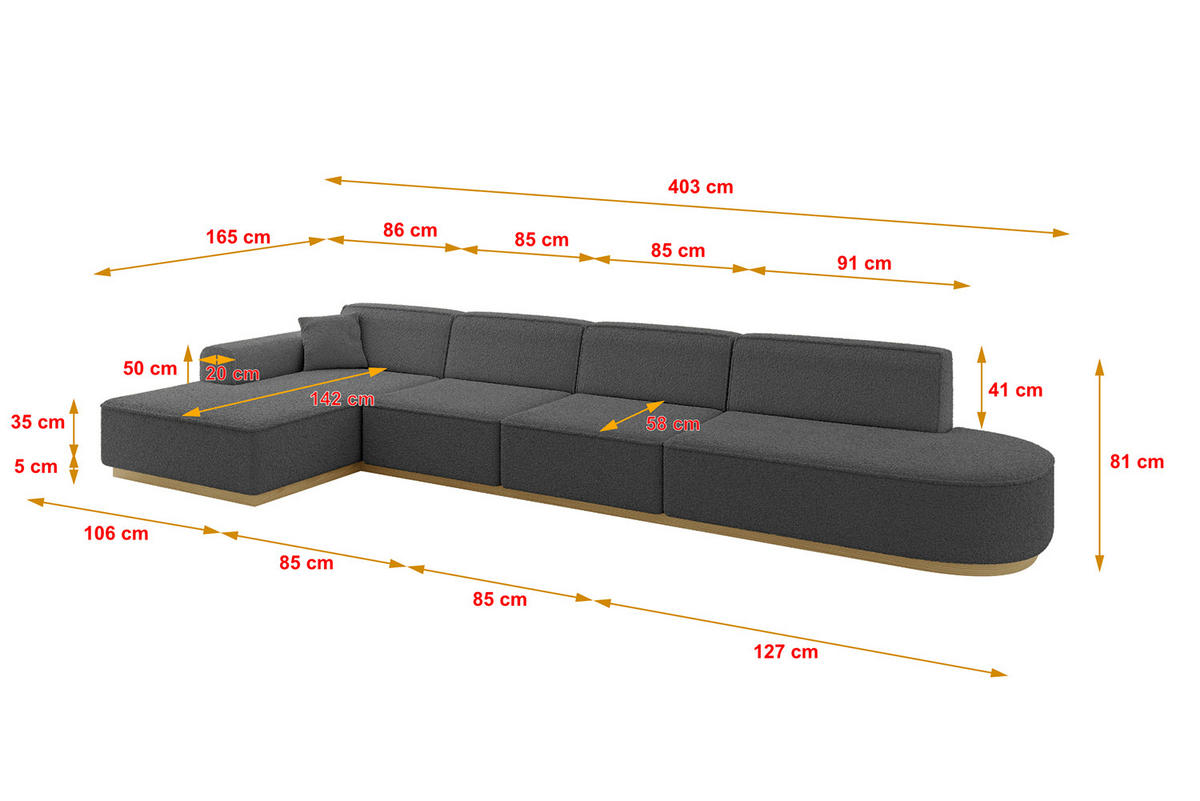 ECKSOFA Ottomane Links IREA-L3-v2 - 403x165x81 cm Grau - Grau, Holzwerkstoff/Textil (403/165cm) - ALTDECOR