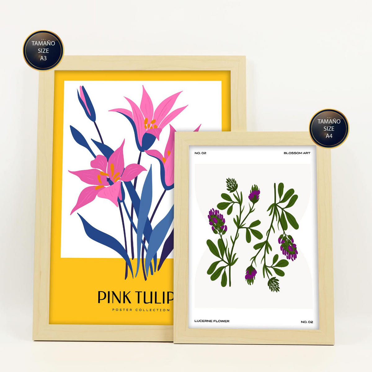 POSTER Set Mit 6 Blumen Wilde Blumensträuße Natur Und Botanikdrucke Für Innenarchitektur A3 & A4 Rahmen Aus Hellem Holz - Beige, Papier (29/3cm) - Nacnic