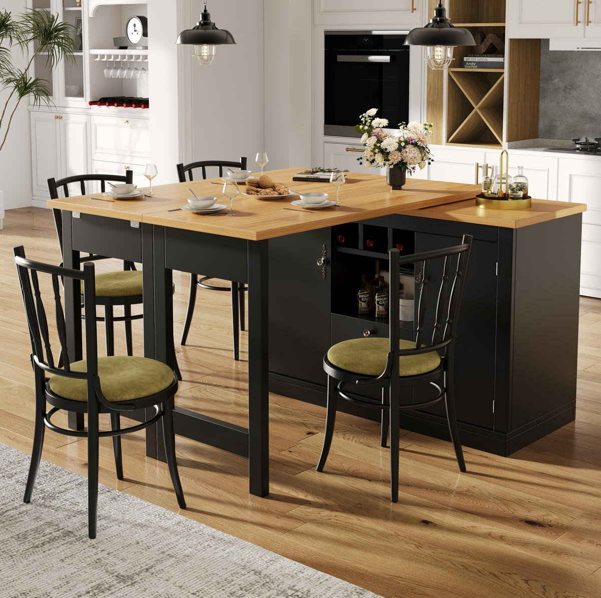 BAROVÝ stůl 120-180/40/76 cm s otočnou deskou, úložným prostorem a policí na víno, MDF, Černá/Přírodní - černá, kompozitní dřevo (40/180/76cm) - Redom