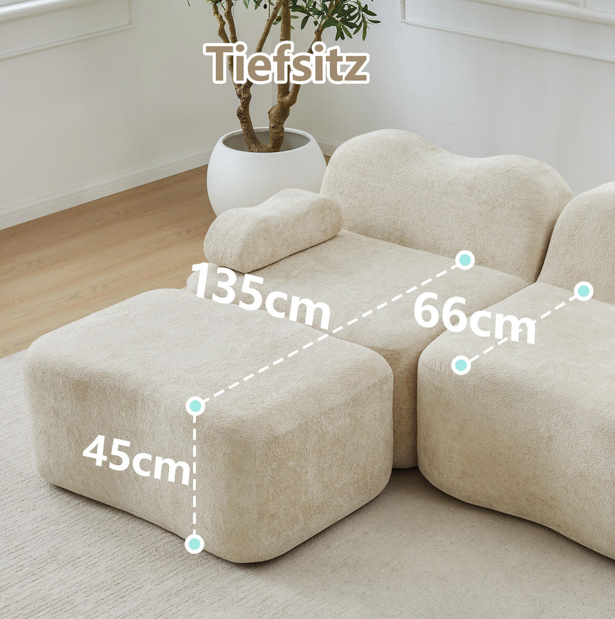 SOFA modular Samt Beige mit Hocker - Beige, Holzwerkstoff (167/70/192cm) - Meubliv