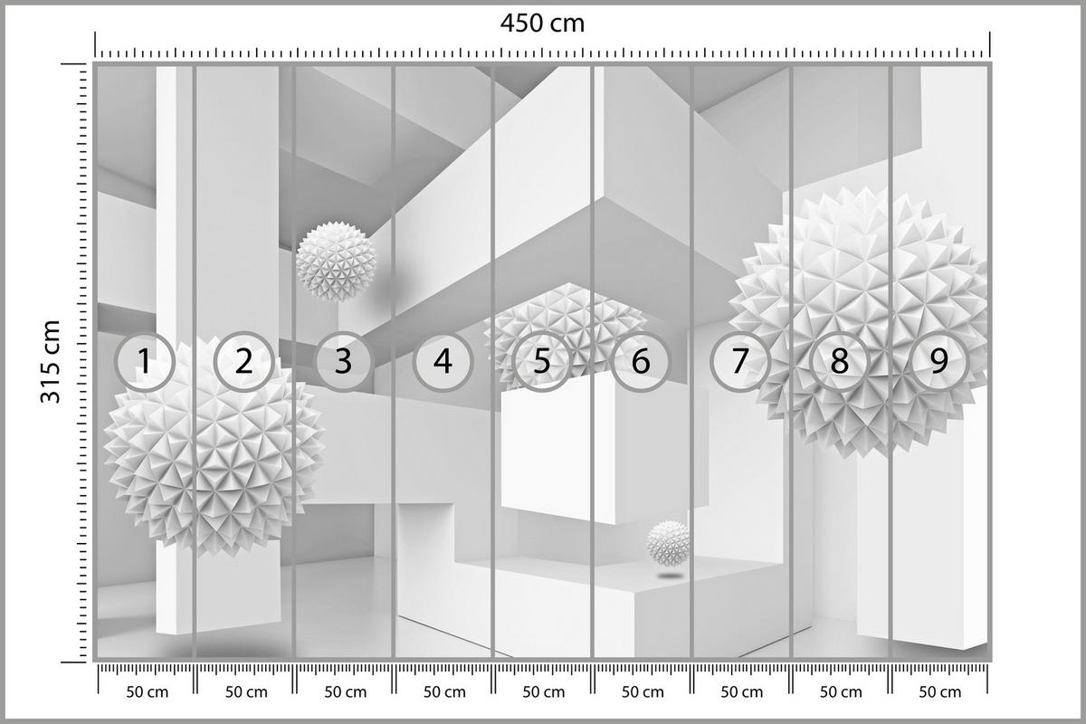 FOTOTAPETE für Wohnzimmer Abstrakte Kugeln Geometrie Illusion 450x315 - Weiß/Grau, Papier (450/315cm) - Muralo