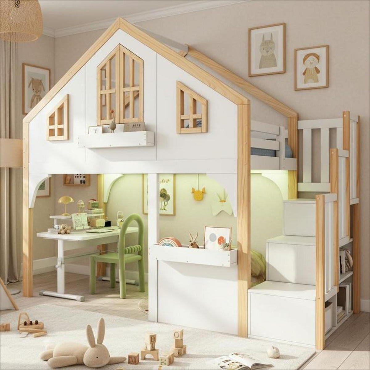 ETAGENBETT 90/200 cm in Weiß & Natur mit Stauraumtreppe und LED - Weiß, Holz/Holzwerkstoff (90/200cm) - WISHDOR
