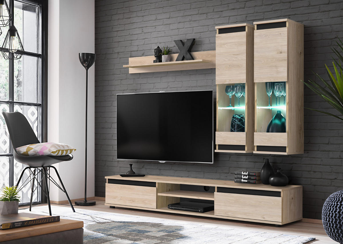 WOHNWAND Eiche Hickory, schwarz 4-teilig 175 cm, Schrankwand mit LED-Beleuchtung - Eichefarben/Schwarz, Glas/Holzwerkstoff (175/150/37cm) - Inn.Furn