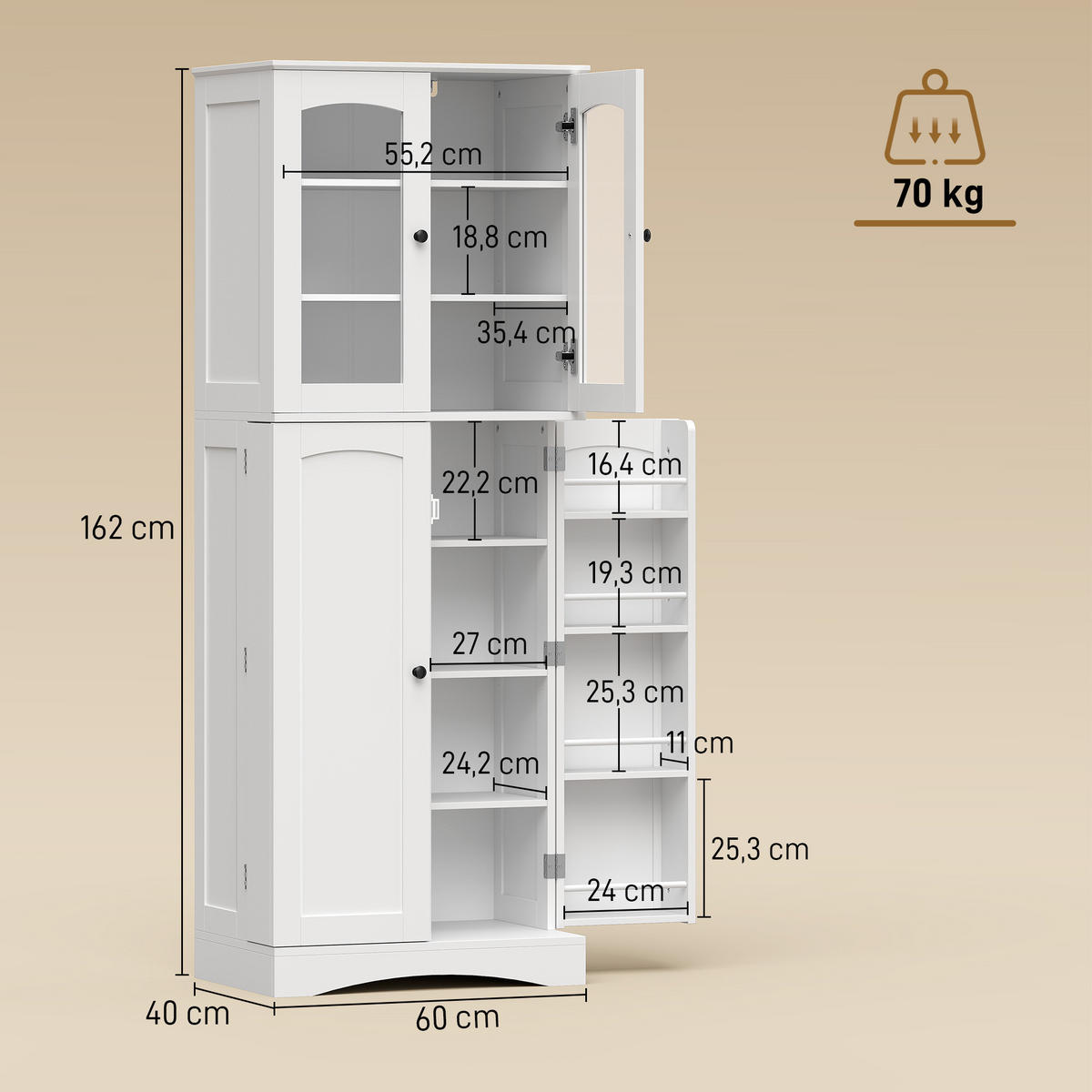 BUFFET DE-11343 Vitrine mit 4 Acryltüren & 8 Gewürzregalen Weiß - Weiß, Holzwerkstoff (40/162/60cm) - ComfortXL