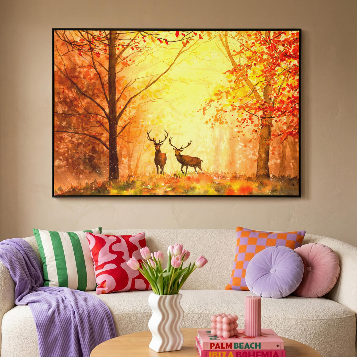 LEINWAND Bilder mit Rahmen - Natur - Ölfarbe - Hirsche - Tiere - Herbst - Orange - 150x100 - Orange, Textil (150/100cm) - MuchoWow