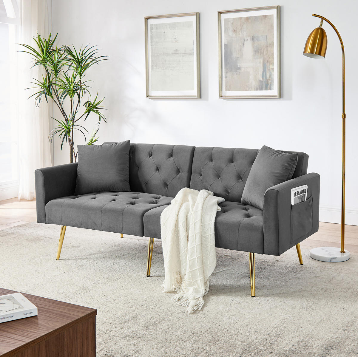 SOFA 2-Sitzer mit verstellbarer Rückenlehne Grau Samt - Grau, Holzwerkstoff (177/74/80cm) - Meubliv