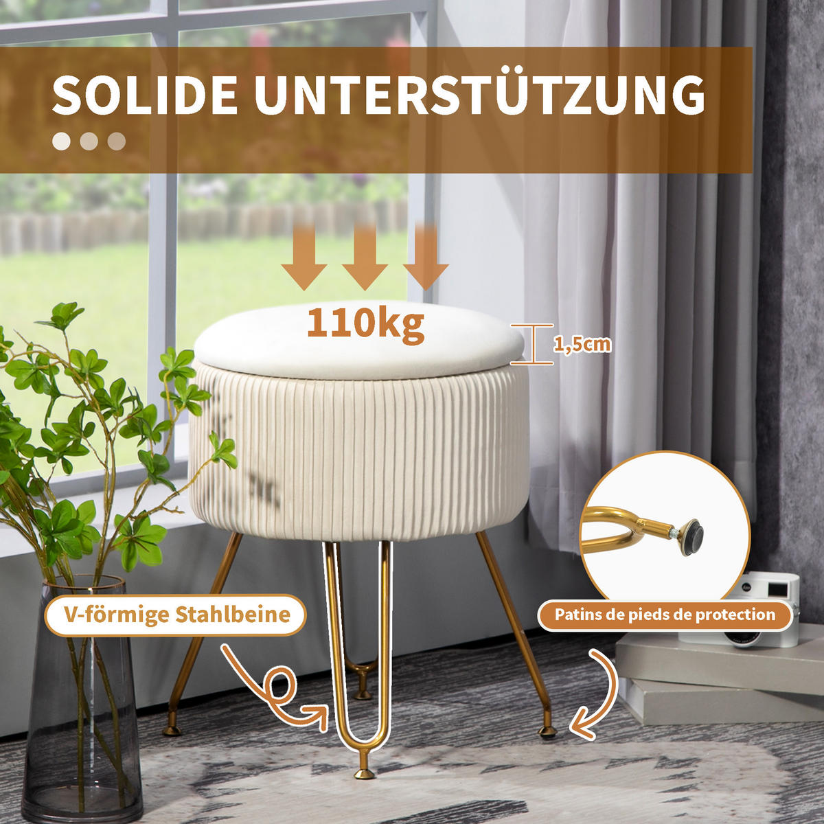SITZBANK mit Stauraum, 2-in-1 Polsterbank mit Deckel, Bettbank mit Samtoptik - Creme, Kunststoff (40/48/40cm) - HOMCOM