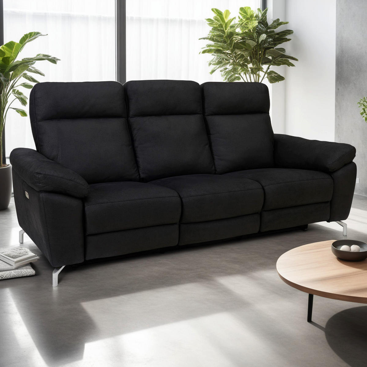 DREISITZER-SOFA Mikrofaser Schwarz - Schwarz, Leder/Metall (222/101/96cm) - Furnhouse
