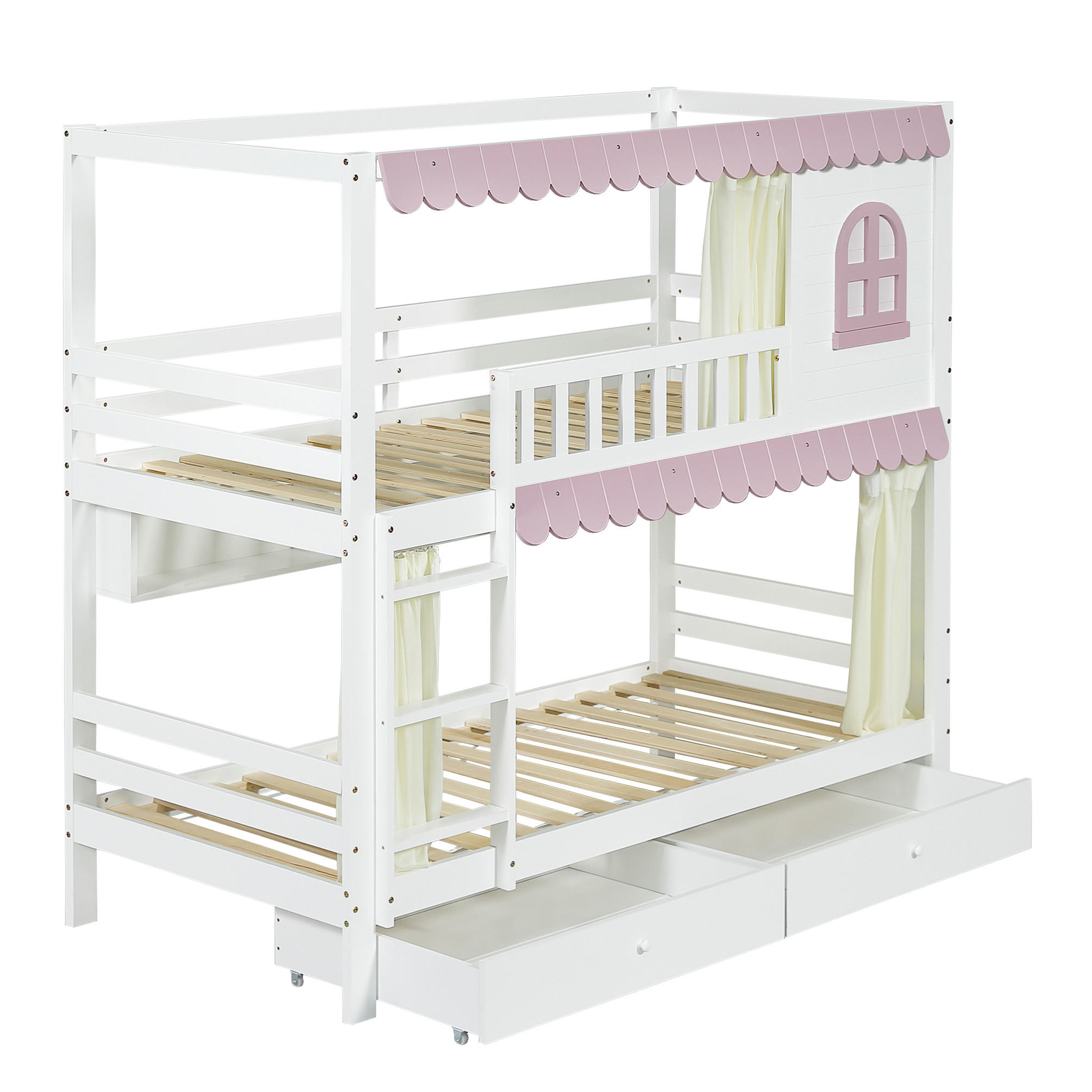 STILVORA ETAGENBETT 90/200 cm & 90/200 cm in Weiß & Rosa Kinderbett mit 2 Schubladen, Regal und Fallschutzgitter