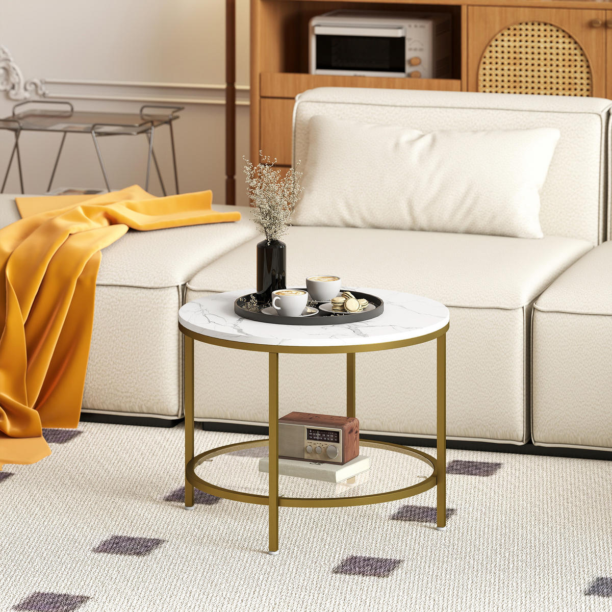 COUCHTISCH DE-15785 mit Marmoroptik & Glasablage Weiß - Weiß, Holzwerkstoff (60/60/45cm) - ComfortXL