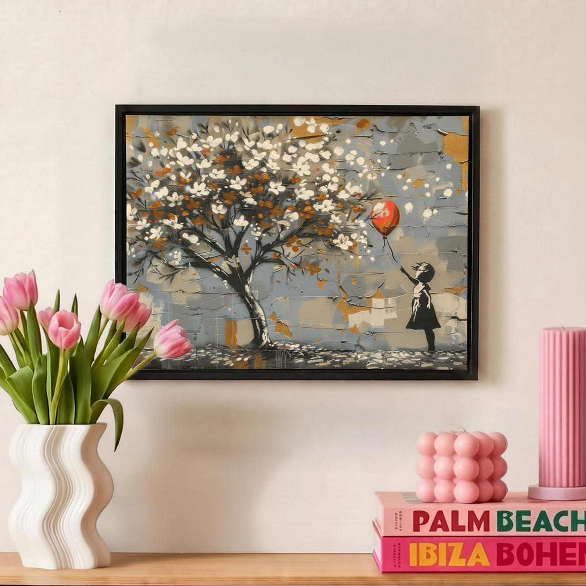 LEINWAND Bilder mit Rahmen - Baum - Graffiti - Banksy-Stil - Ballon-Mädchen - 40x30 - Blaugrau, Textil (40/30cm) - MuchoWow