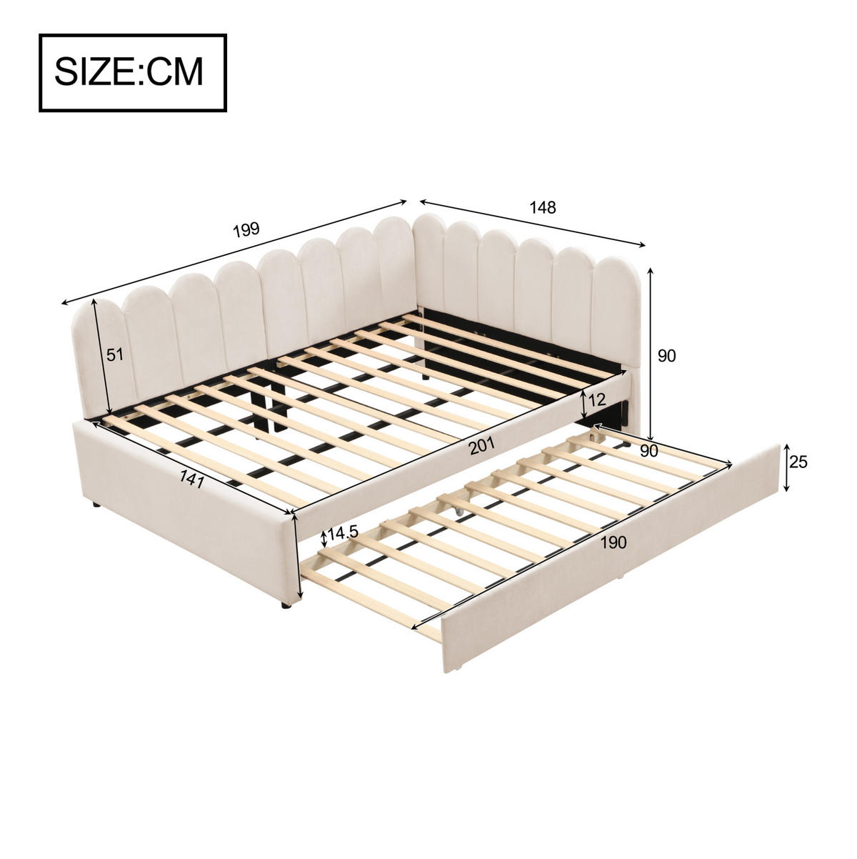 POLSTERBETT 140/200 cm aus Samt mit Ausziehbett, Beige - Beige, Textil (140/200cm) - OKMYHOME
