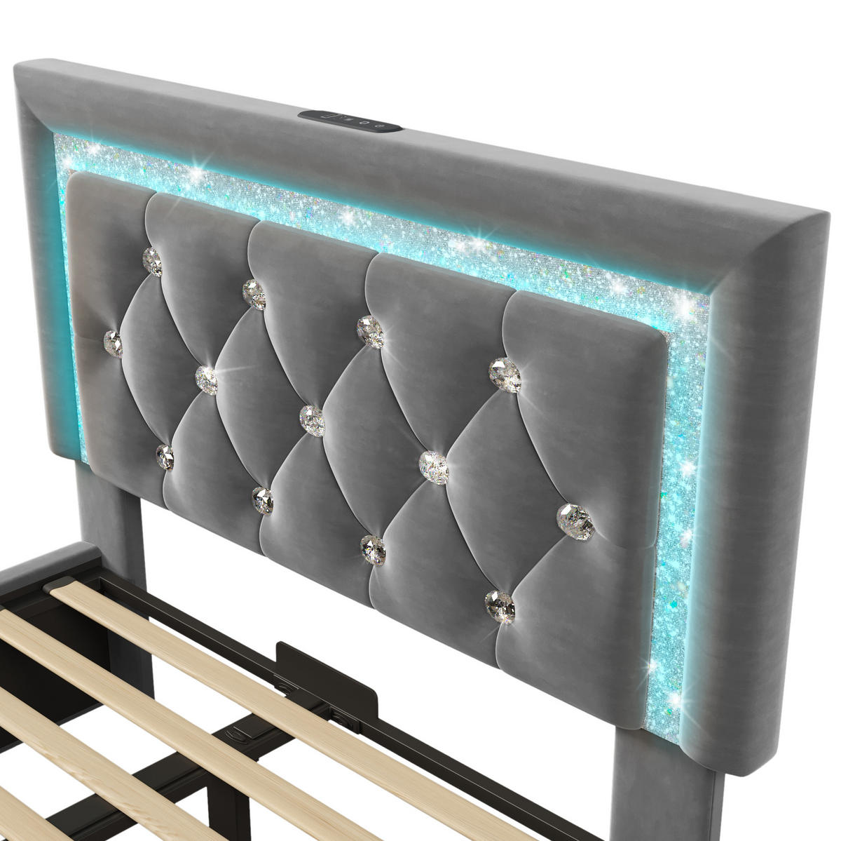 POLSTERBETT aus Samt 90x200 cm in Grau mit LED & Matratze - Grau, Textil (90/200cm) - Modfu