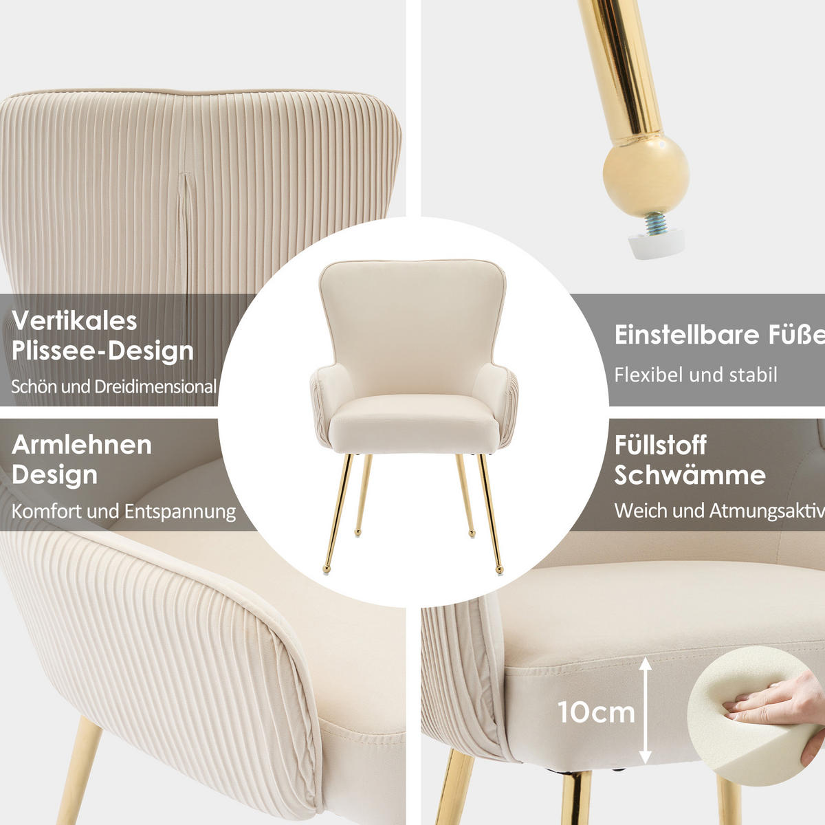 ESSZIMMERSTUHL 2er-Set mit Armlehnen Samt Beige/Gold - Beige, Metall (47.5/83/57cm) - Meubliv