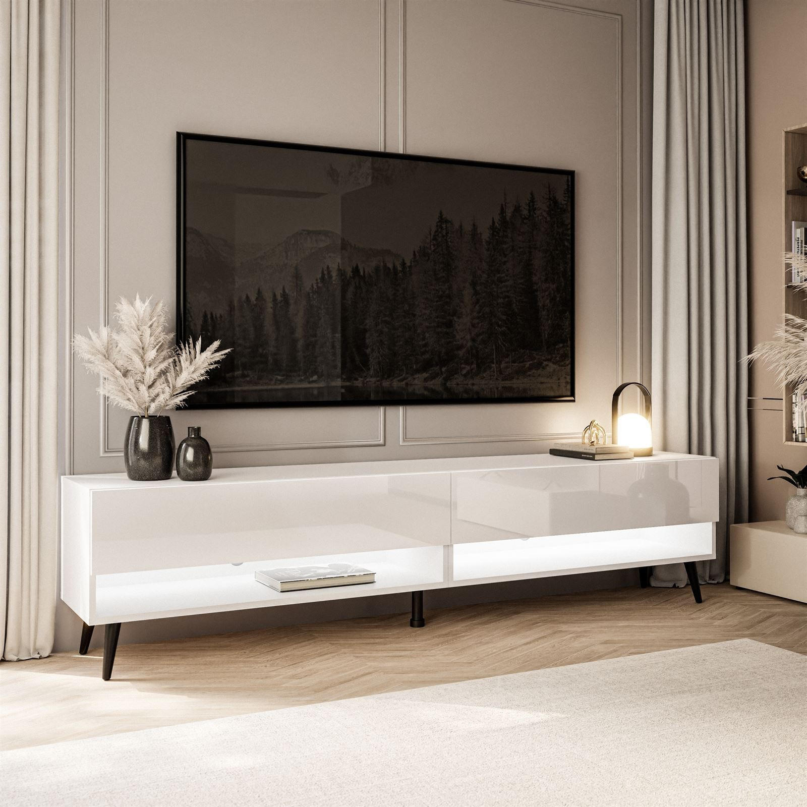 LOWBOARD TV-Schrank CALANTE 180 cm auf schrägen schwarzen Beinen - Weiß Hochglanz/Schwarz, Holzwerkstoff/Metall (180/43/35cm) - Lookway