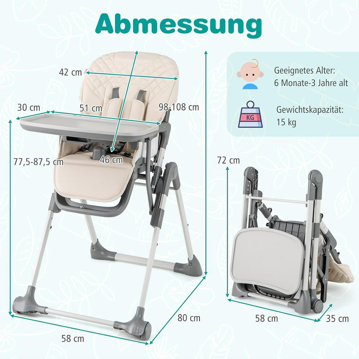 KINDERHOCHSTUHL mit Liegebereich beige - Beige, Kunststoff (80/98/58cm) - COSTWAY