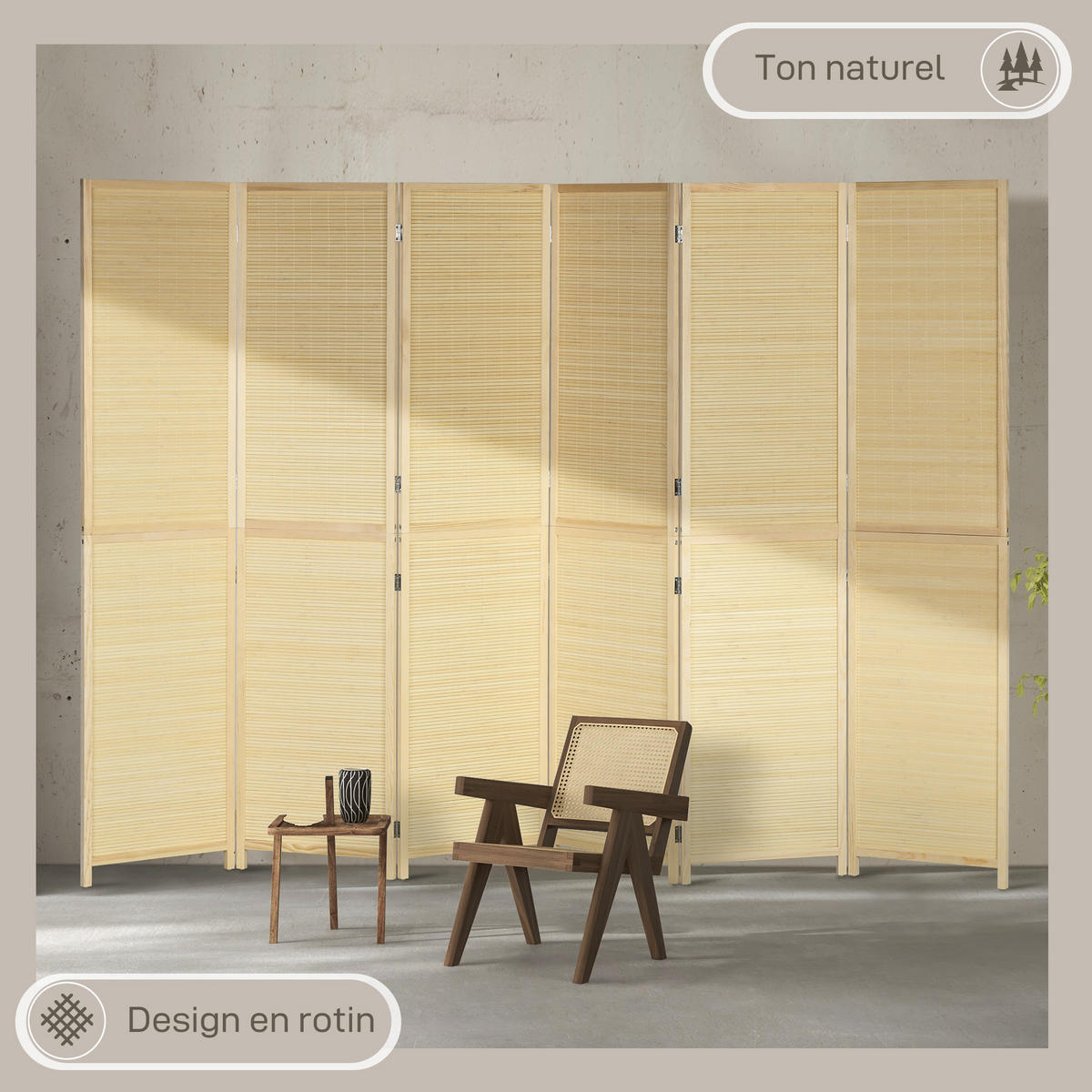 PARAVENT DE-14271 6 Paneele, 270x180 cm, klappbar Natur - Naturfarben, Naturmaterialien (270/180/1.6cm) - ComfortXL