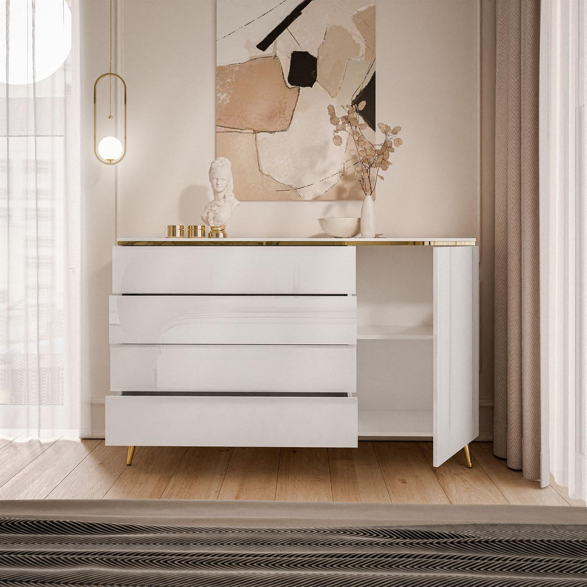 KOMMODE AURORA 4S1D Weiß / Weiß hochglanz mit schräge Goldchrom Fuße - Weiß Hochglanz/Goldfarben, Holzwerkstoff/Metall (140/90/40cm) - Lookway
