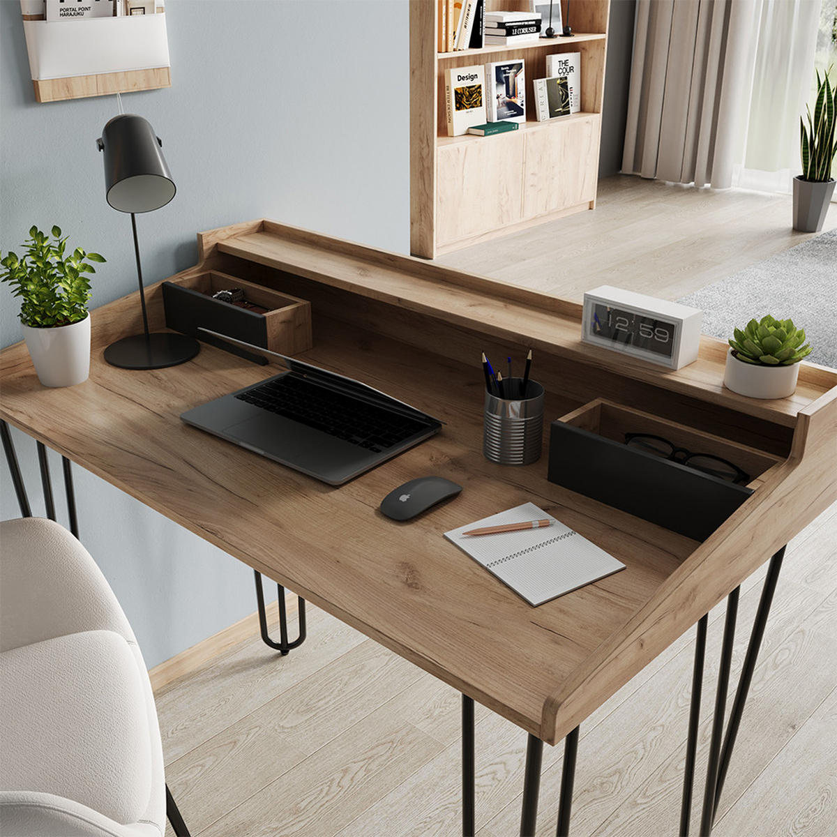 SCHREIBTISCH Sannar Eiche 110 x 60 cm mit Schubladen - Eichefarben/Schwarz, Holzwerkstoff (60/110/89.5cm) - Vicco