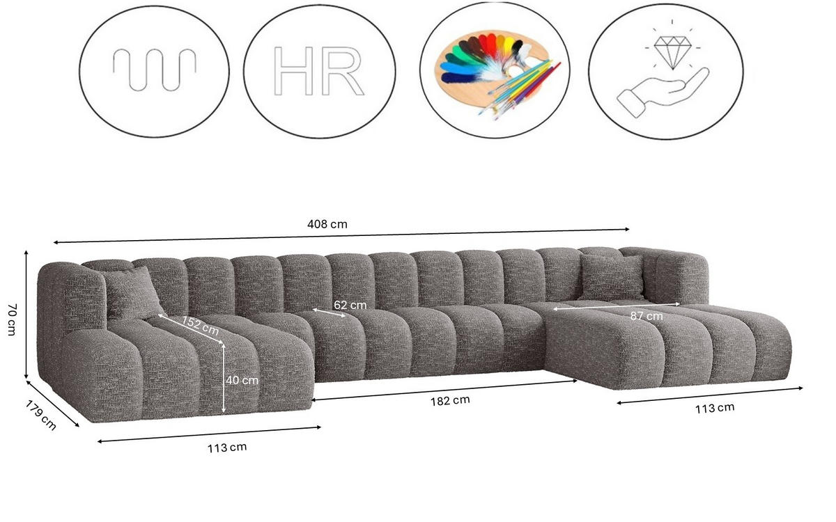 ECKSOFA U-form Grand U XL Stoff Haga Grau - Grau, Holz (179/408cm) - Kaiser Möbel