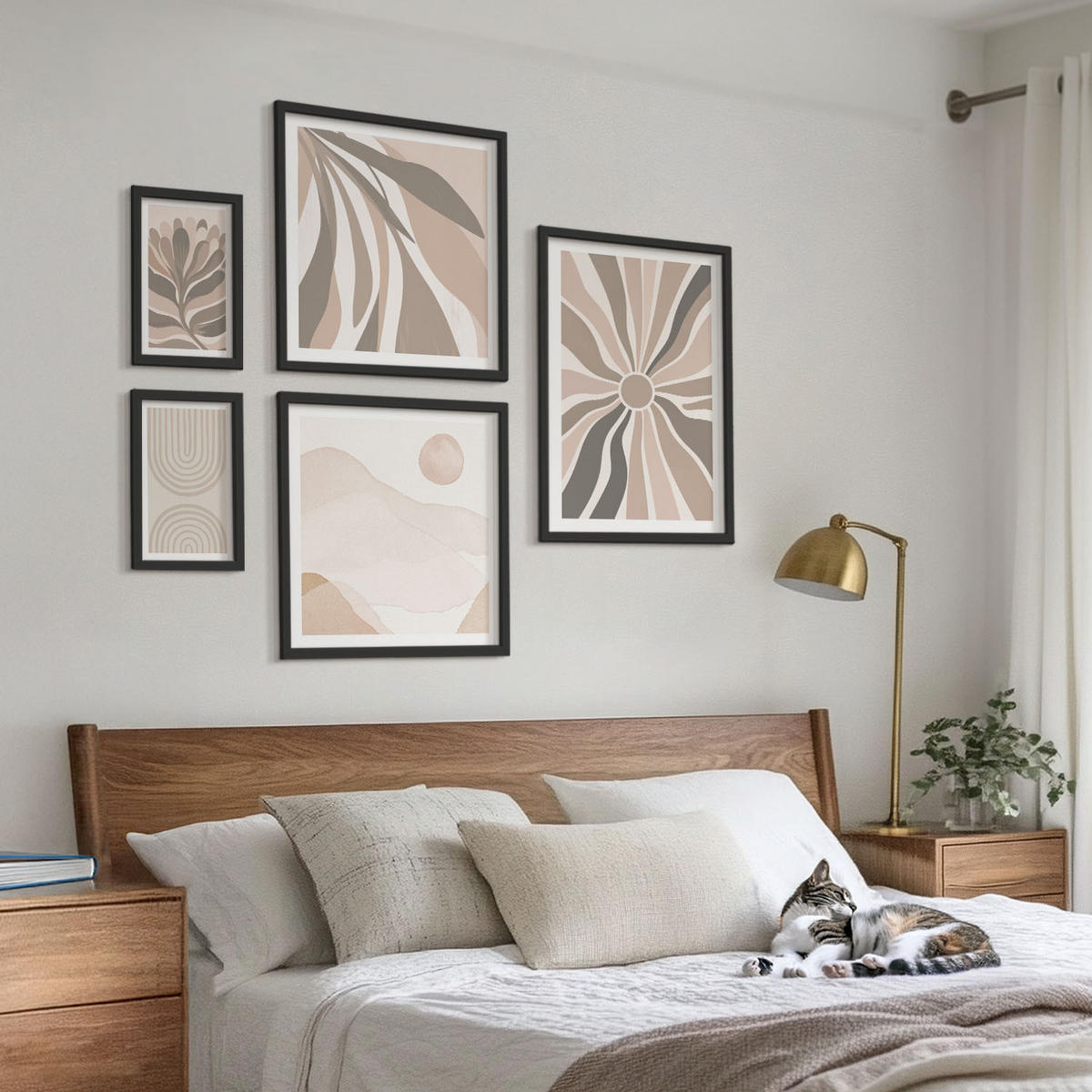 BILDER SET 5er Set - 50x50 cm & 20x30 cm & 40x60 cm Schwarzer Rahmen - Abstrakte Pflanzenmuster - Schwarz, Kunststoff (40/60cm) - TULUP