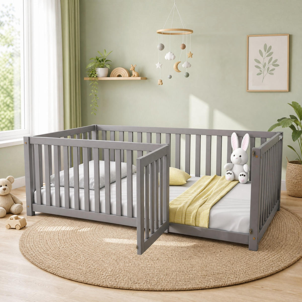 KINDERBETT 140/200 mit Massivholz,60 cm Zaun, Tür,offenem Reihen-Design und Montagewerkzeug in Grau - Grau, Holzwerkstoff (140/200cm) - EVRYAE