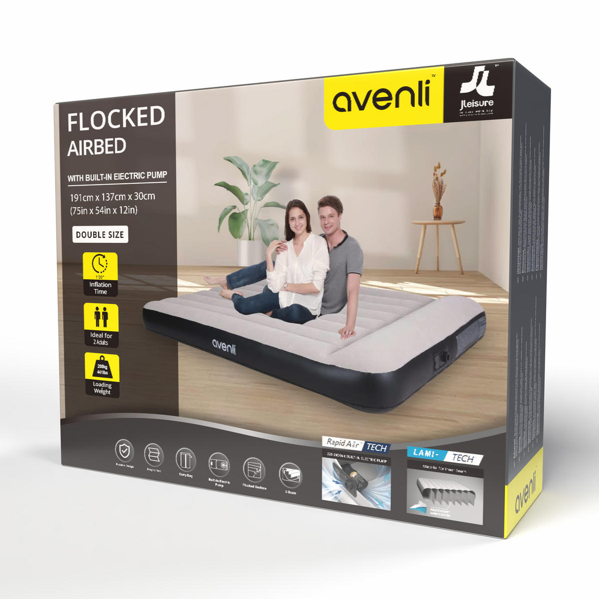 LUFTBETT Luftmatratze selbstaufblasend 191 x 137 x 47 cm mit integrierter Pumpe - Schwarz/Grau, Kunststoff (137/191cm) - Avenli
