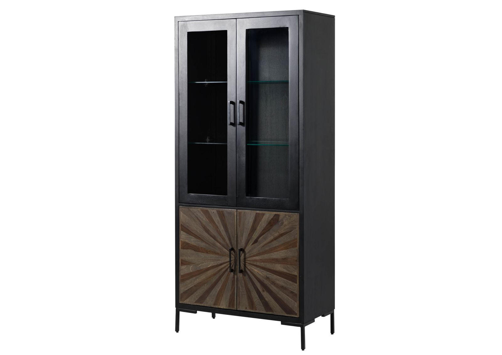 VITRINE Sheesham 90x45x200 schwarz lackiert SUN #102 - Schwarz, Holz (90/200/45cm) - Massivmoebel24