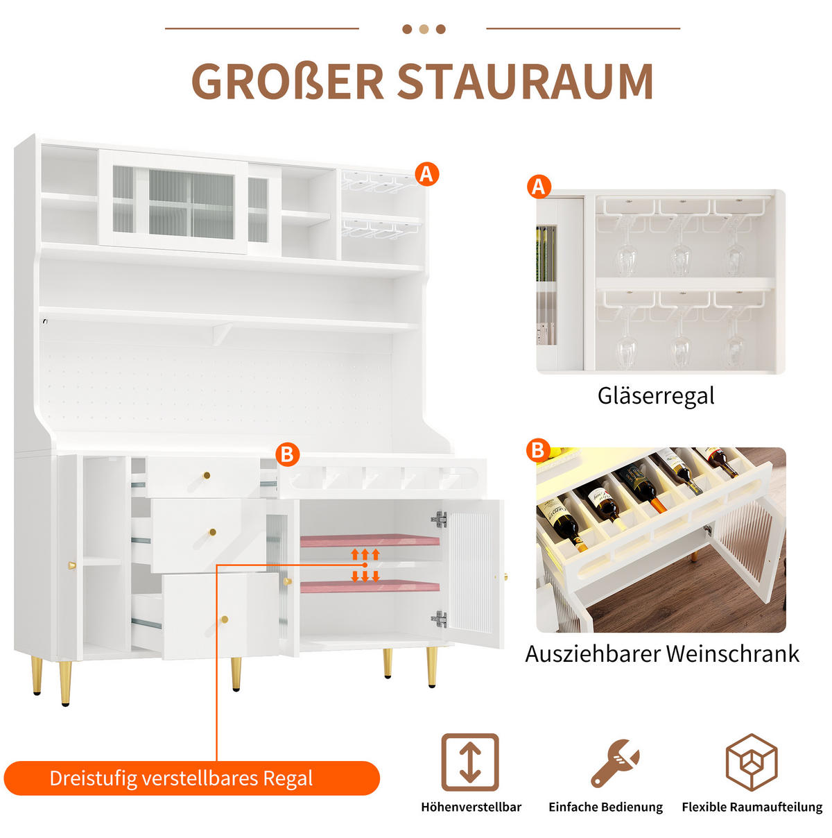 BUFFET 145/39/171 cm aus MDF und Glas mit LED-Beleuchtung und verstellbaren Einlegeböden Weiß - Weiß, Holzwerkstoff (145/171/39cm) - Modenvie