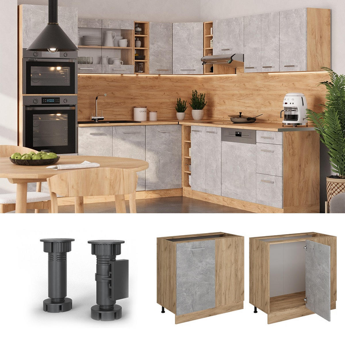 KOTNA OMARICA R-Line Beton 86 cm brez delovne plošče - siva/medeni hrast, leseni material (86/81.6/46cm) - Vicco