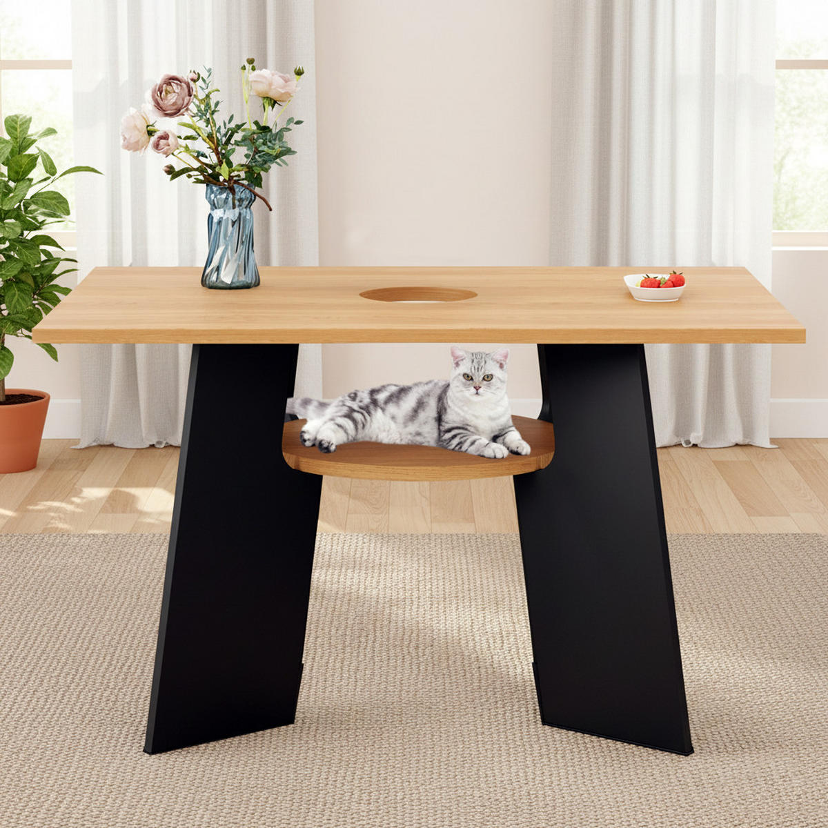 ESSTISCH Haustierfreundlich Holz-Schwarz mit Ablage & Katzenbereich - Weiß, Holzwerkstoff (85/130/75cm) - Urban Meuble