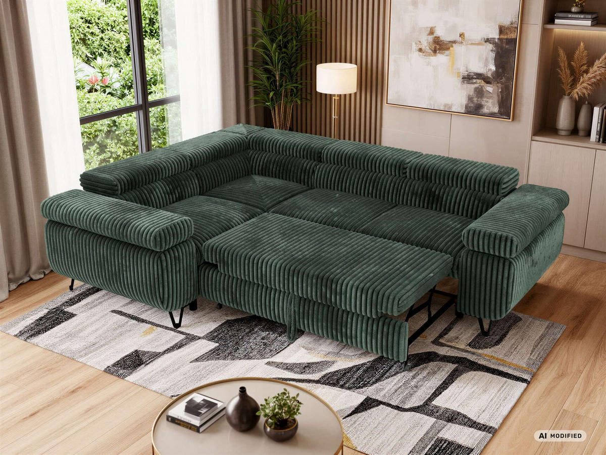 ECKSOFA FALCO L - Dunkelgrün Cord - Links Seite - Dunkelgrün/Schwarz, Textil/Metall (197/268cm) - MKS