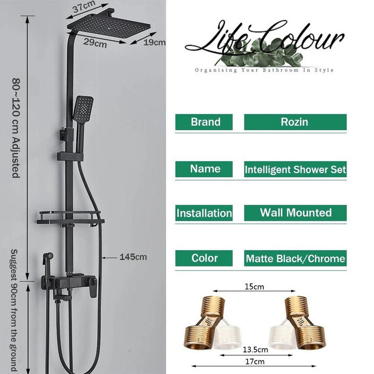 THERMOSTATISCHES Duschsystem 4 Funktionen mit Digitalanzeige Schwarz – Regendusche, Handbrause, integrierte Ablage & Bidet, Badezimmer Armatur - Schwarz, Metall (19/120/29cm) - Kaket