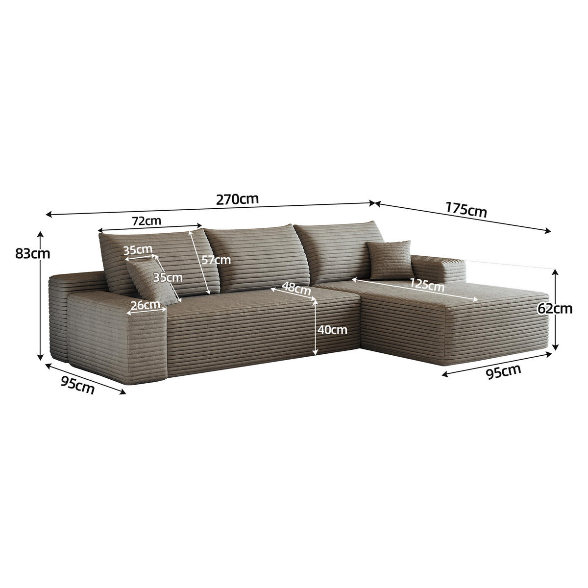 ECKSOFA 270/175/83 cm Kamel Cord mit Chaiselongue, Rechte Seite - Klar/Cappuccino, Textil (270/175cm) - Oxeza