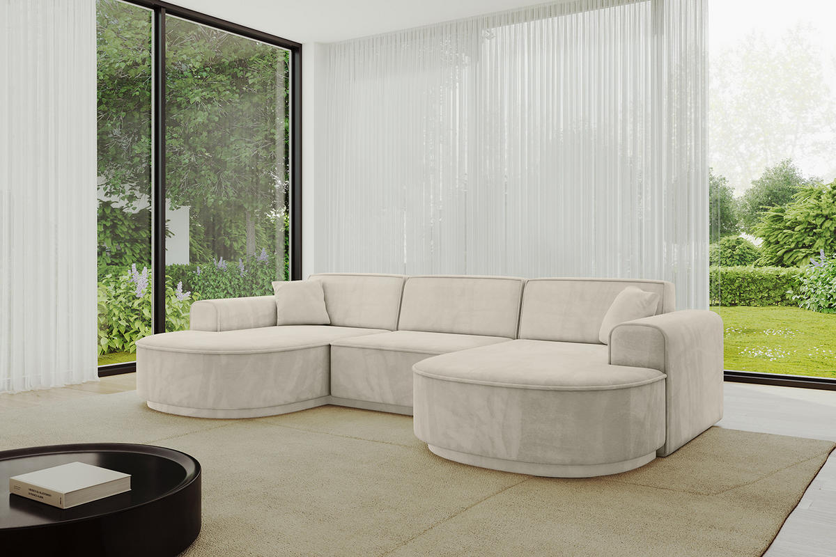 WOHNLANDSCHAFT MARI-U1-v3 - 303x171x83 cm Ecru Velours - Ecru/Schwarz, Holzwerkstoff/Kunststoff (303/83/171cm) - ALTDECOR