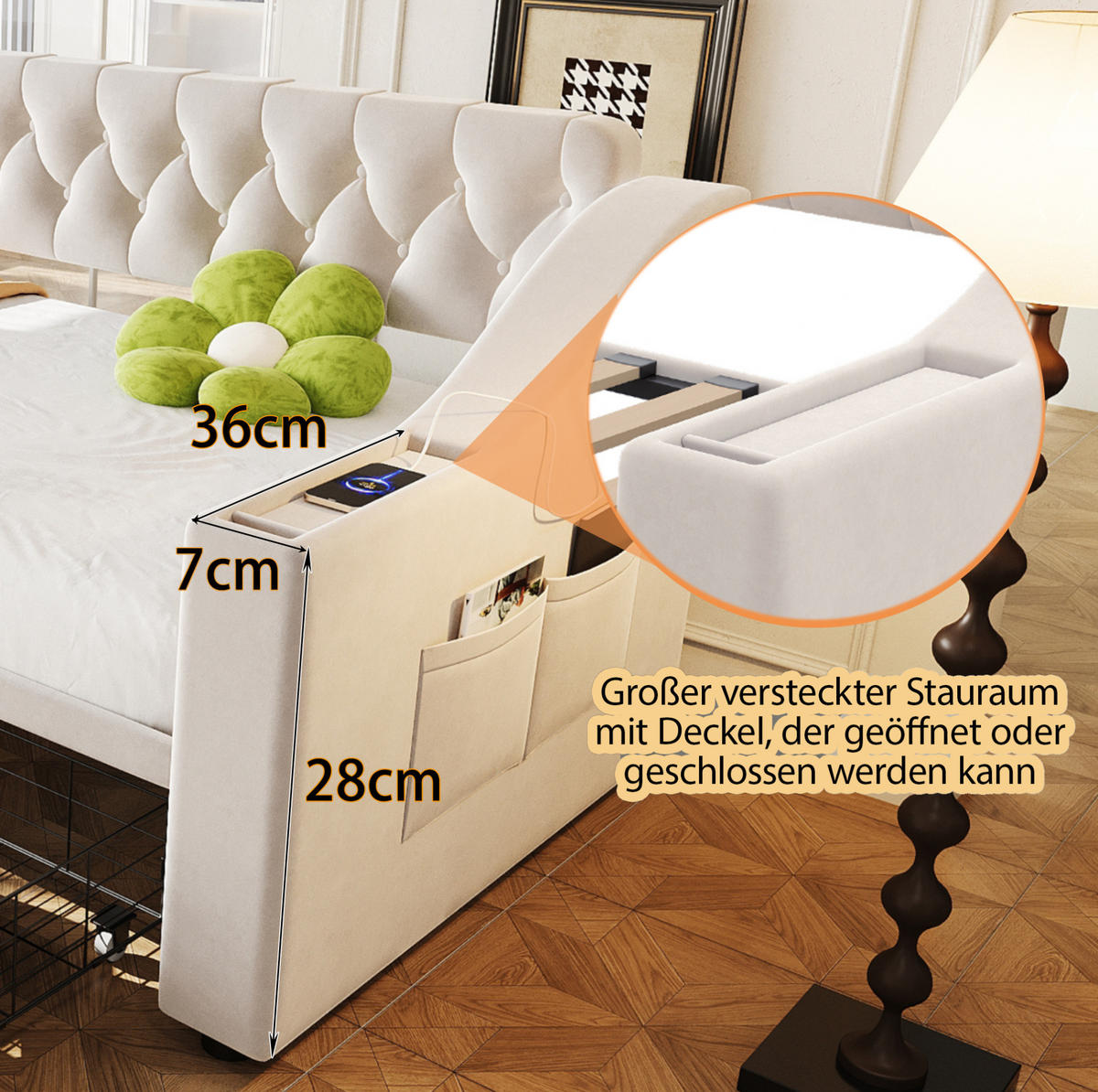 ČALÚNENÁ posteľ z zamatu 90x190 cm béžová s úložnými zásuvkami, USB a bočným odkladacím priestorom - béžová, textil (90/190cm) - Modfu
