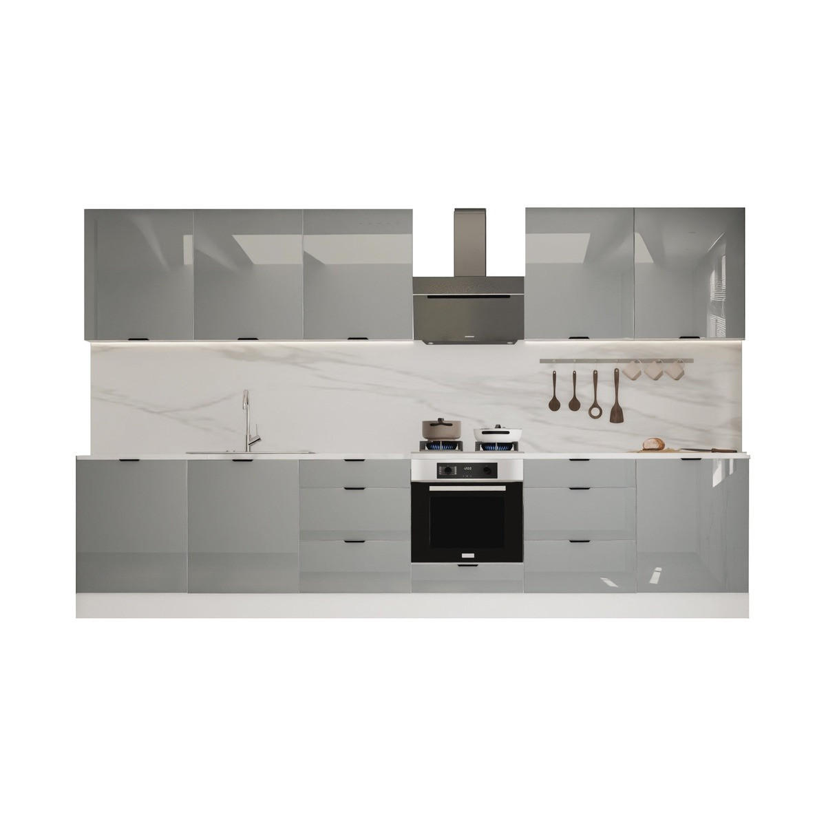 KÜCHENZEILE – 360 cm – KU-SA03 – Lunara – Grau Hochglanz – ohne E-Geräte - Grau, Holzwerkstoff (360/204/52cm) - hi-markt