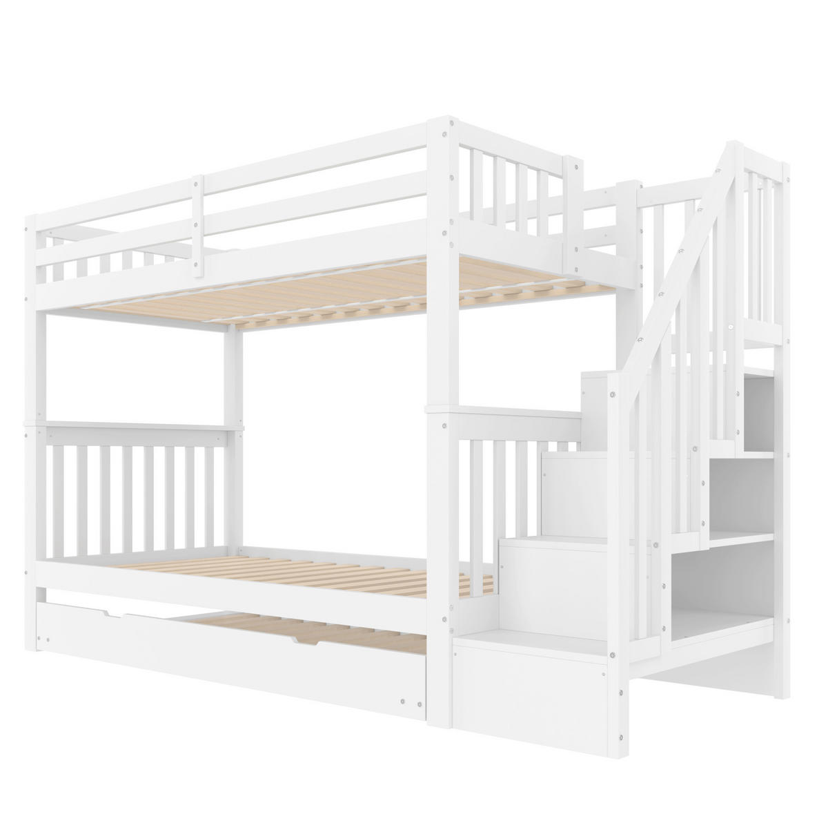 ETAGENBETT aus Kiefernholz und MDF 90x200 cm Weiß mit Rollbett und Treppenregal - Weiß, Holz (90/200cm) - Modfu