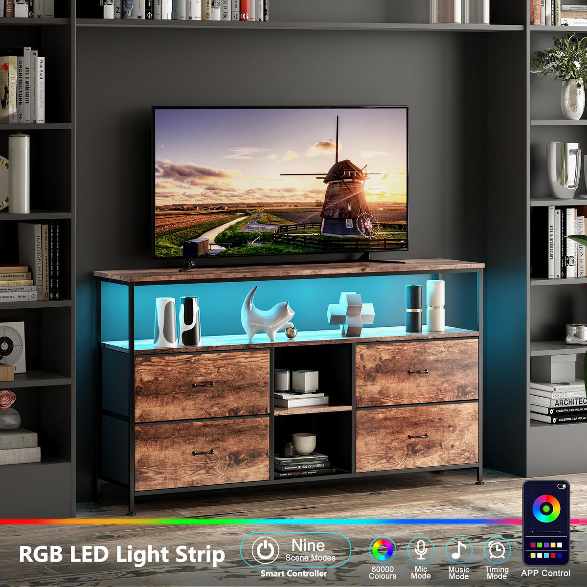 TV-SCHRANK 108 cm, LED, Holzoptik Tiger, 4 Stoffschubladen Vintage, Metallrahmen, höhenverstellbare Füße, Retro-modern - Nussbaumfarben, Holz (108/76.8/29.8cm) - EuroLiving