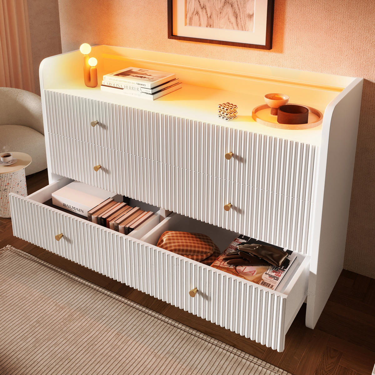 SIDEBOARD aus Spanplatte 120x40x75 cm Weiß mit LED-Beleuchtung, 6 Schubladen und Wellenfront - Weiß, Holzwerkstoff (120/75/40cm) - Modfu