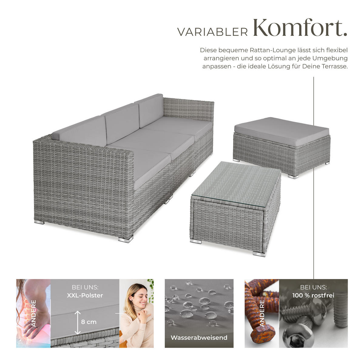 RATTANLOUNGE Florenz,mit Sicherheitsglasplatte,hellgrau/dunkelgrau - Dunkelgrau/Hellgrau, Kunststoff - tectake