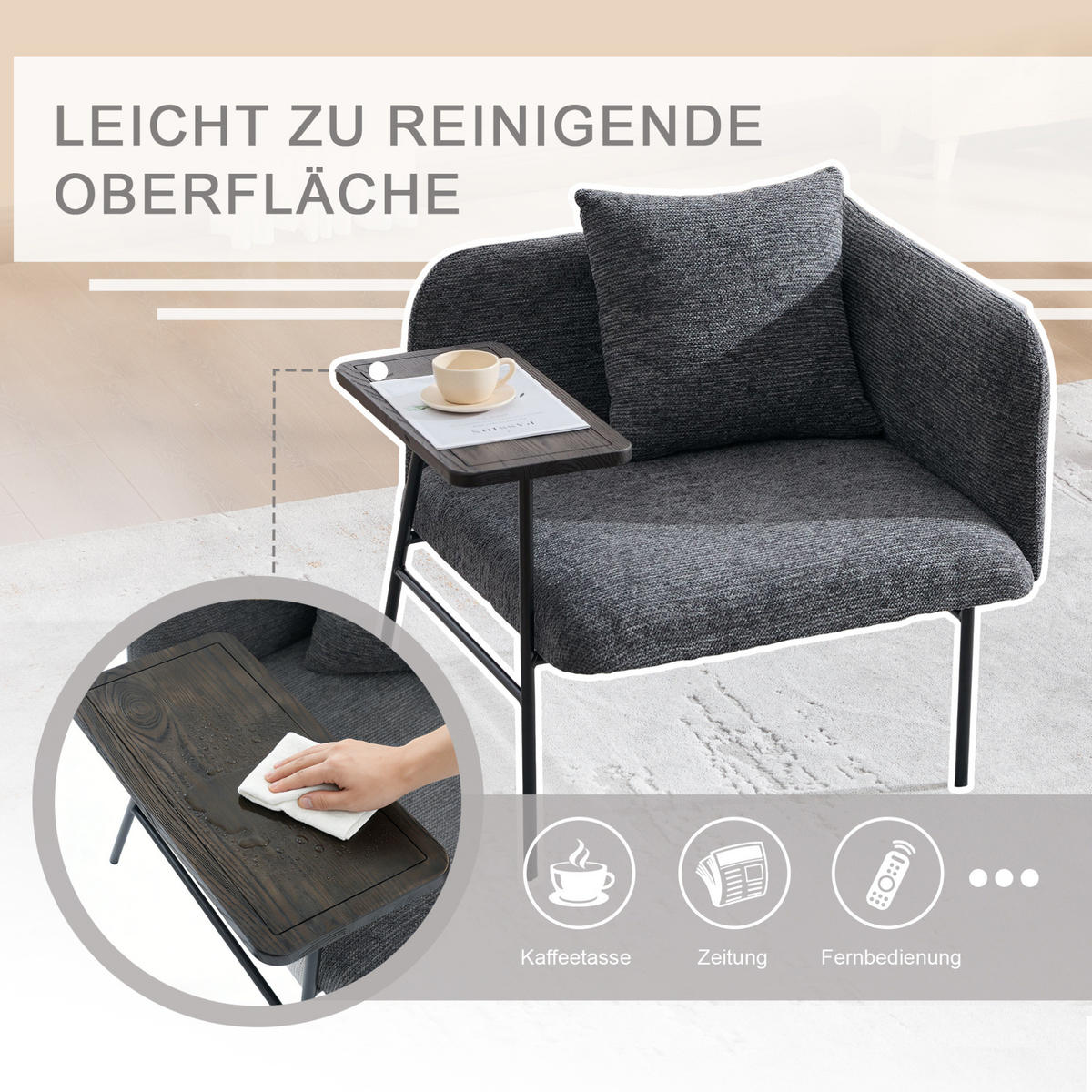 SESSEL 86/72/71 cm dunkelgrau aus Chenille mit Beistelltisch - Dunkelgrau, Textil (72/71/86cm) - OKWISH