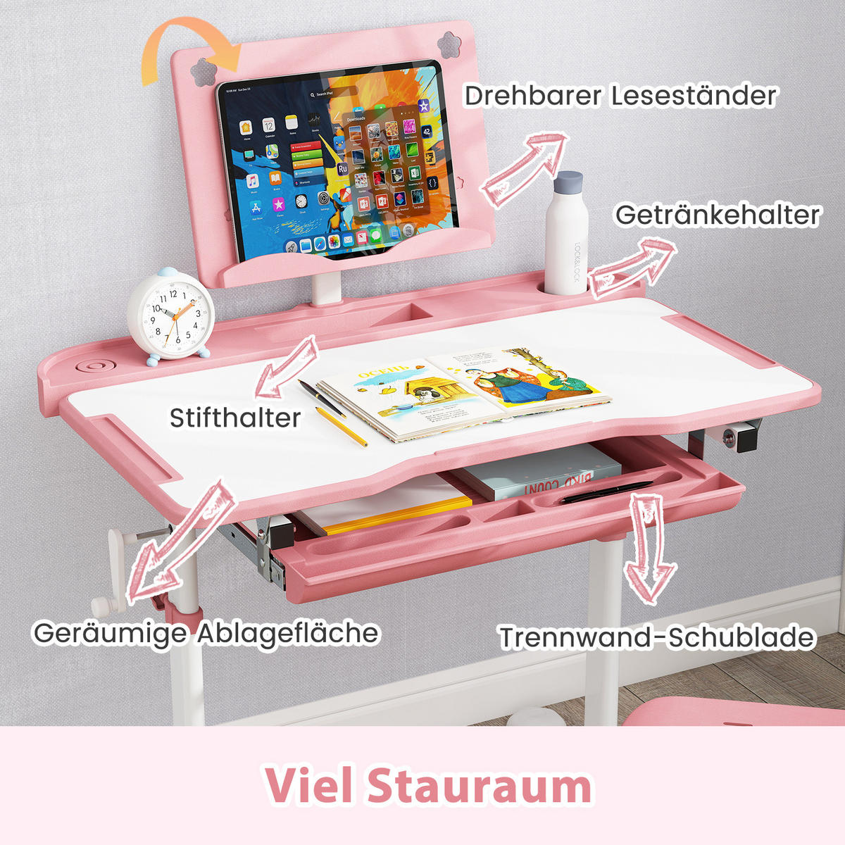 KINDERSCHREIBTISCH mit Stuhl Rosa(2-tlg) - Pink, Metall (80/83/50cm) - COSTWAY