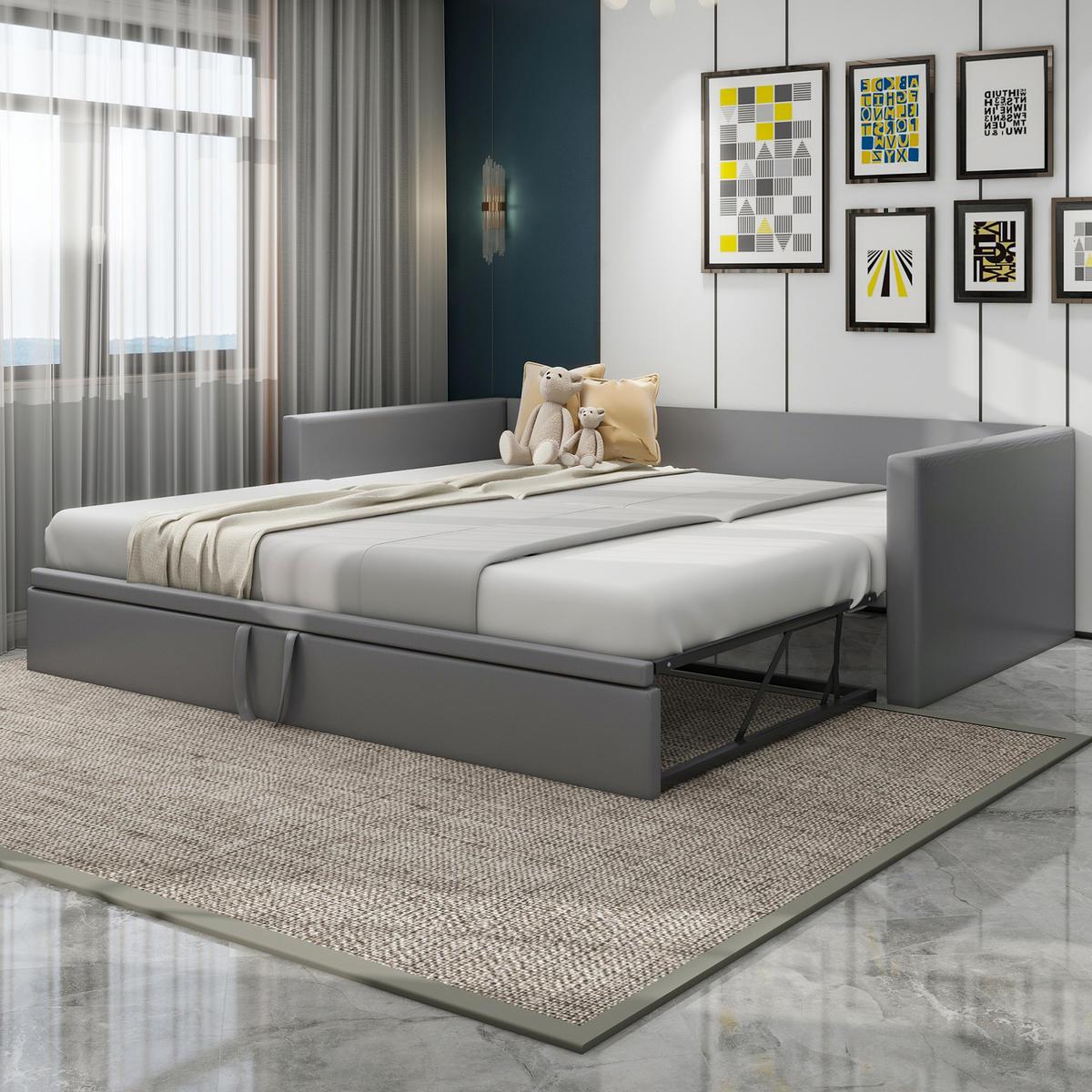 ČALÚNENÁ posteľ 90/200 cm s výsuvným lôžkom, lamelovým roštom a podrúčkami, Sivá - sivá, textil (90/200cm) - Redom