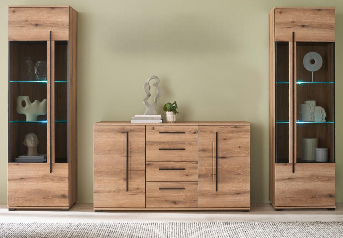 WOHNWAND Eiche Evoke, Wohnkombination 3-teilig mit Soft-Close - Eichefarben/Schwarz, Glas/Holzwerkstoff (290/200/42cm) - Furn.Design